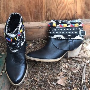 Western black boots with studs and beaded belts boho heels